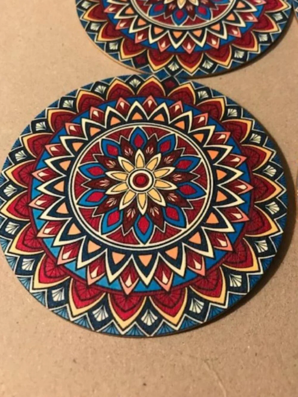 Wooden 4 pc Stained Glass Mandala Coaster Set Lotus Geometric Pattern India 104